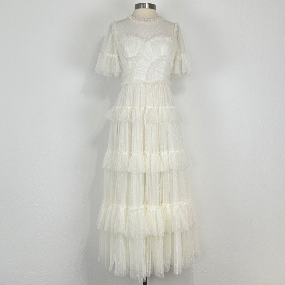 Whimsical Victorian Prairie Romantic Maxi Dress Small Star Tulle Ruffle Tiered